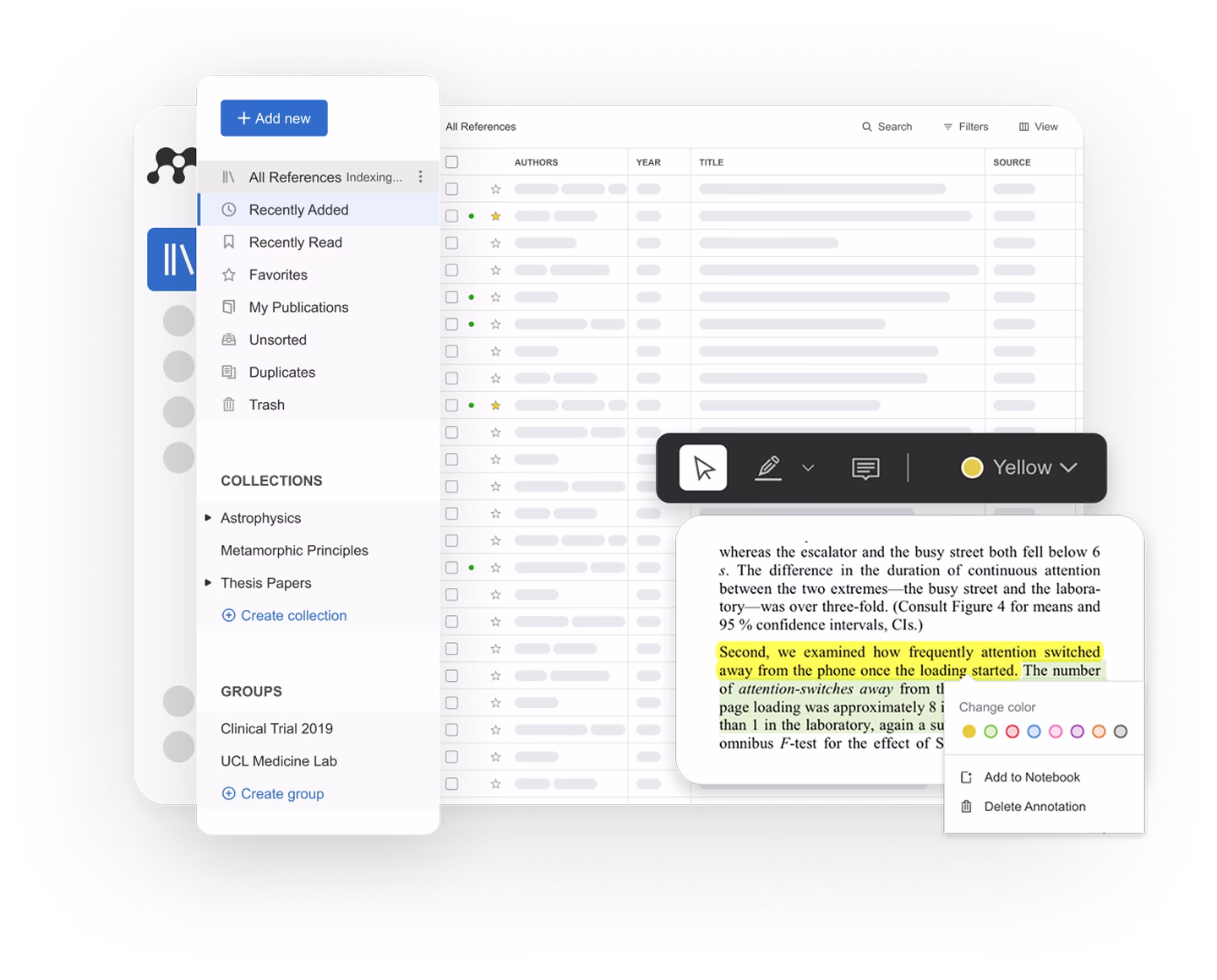 Mendeley reference manager library view and PDF annotation tool